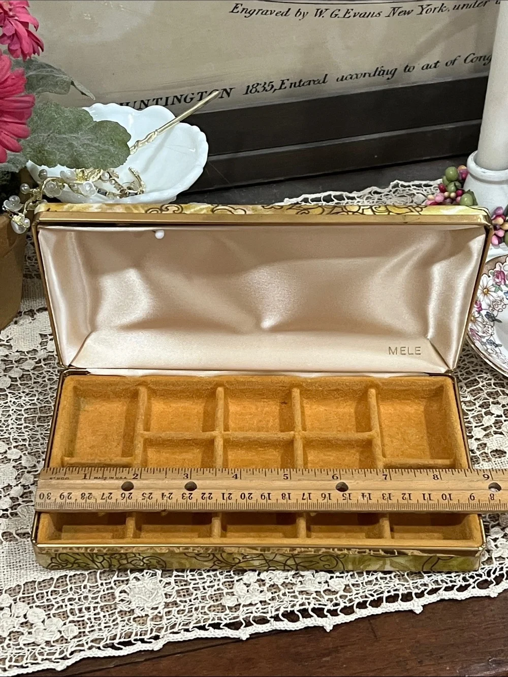 Vintage Decorative Olive Green Jewelry Box Organizer with Gold Accents